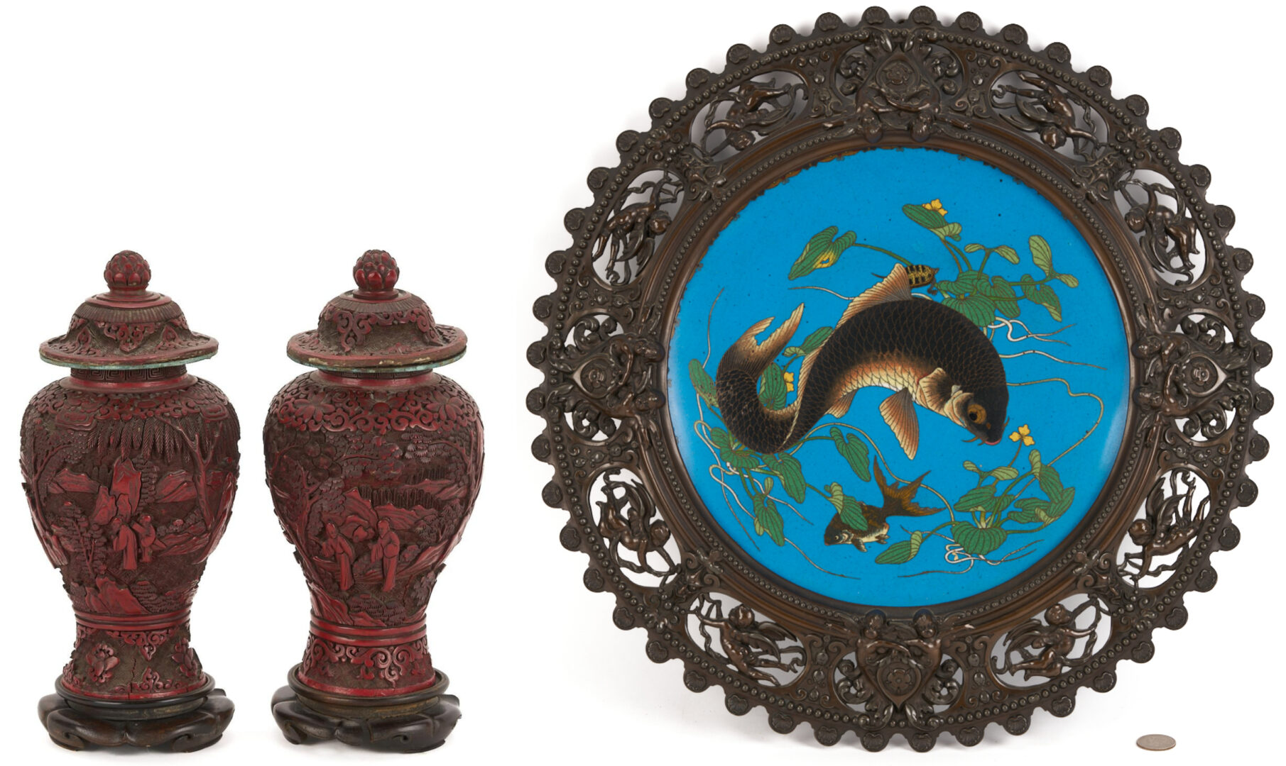 Lot 7: Near Pair Antique Chinese Cinnabar Urns  and Cloisonne Fish Plaque