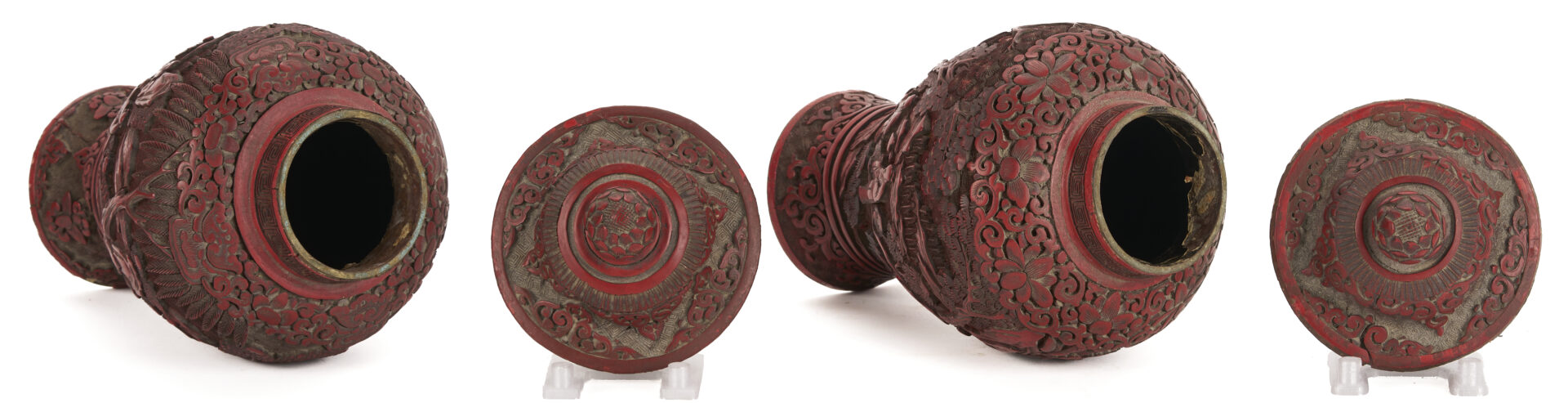 Lot 7: Near Pair Antique Chinese Cinnabar Urns  and Cloisonne Fish Plaque