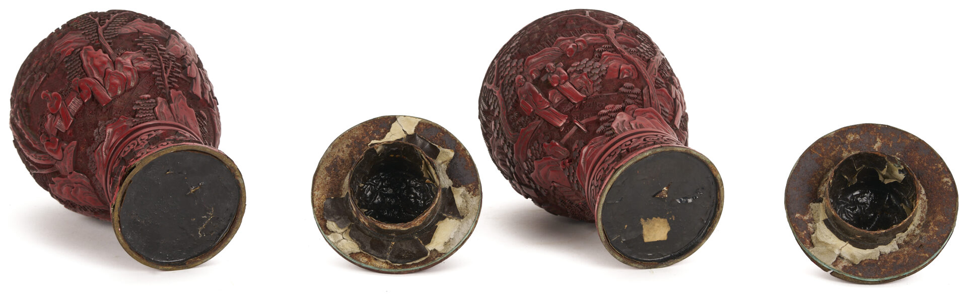Lot 7: Near Pair Antique Chinese Cinnabar Urns  and Cloisonne Fish Plaque