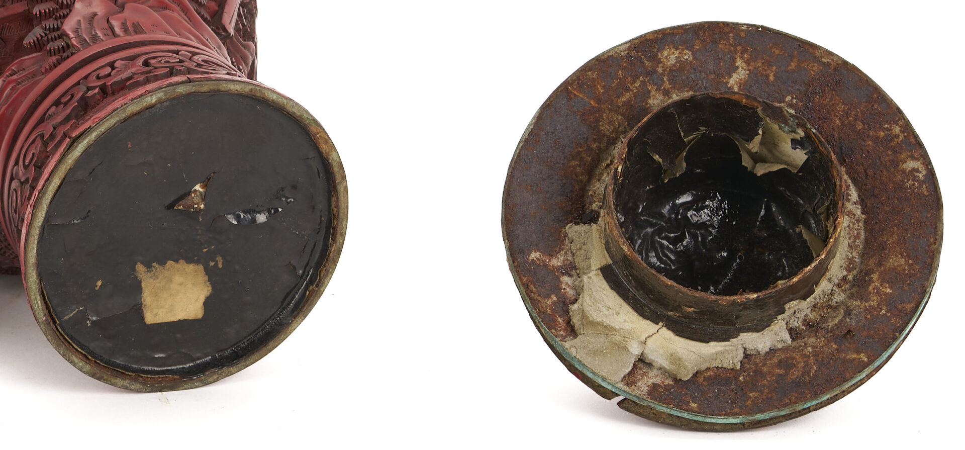 Lot 7: Near Pair Antique Chinese Cinnabar Urns  and Cloisonne Fish Plaque
