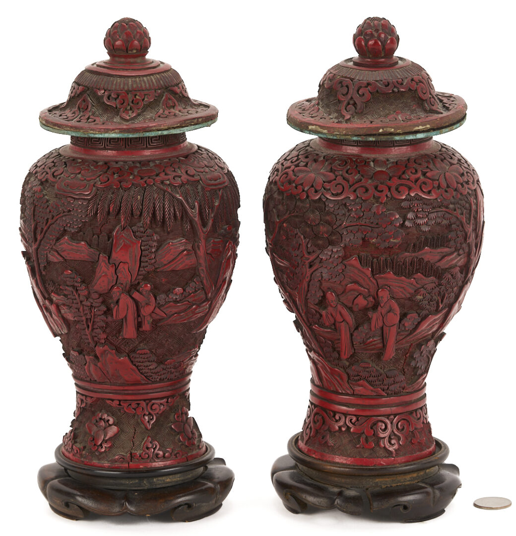 Lot 7: Near Pair Antique Chinese Cinnabar Urns  and Cloisonne Fish Plaque