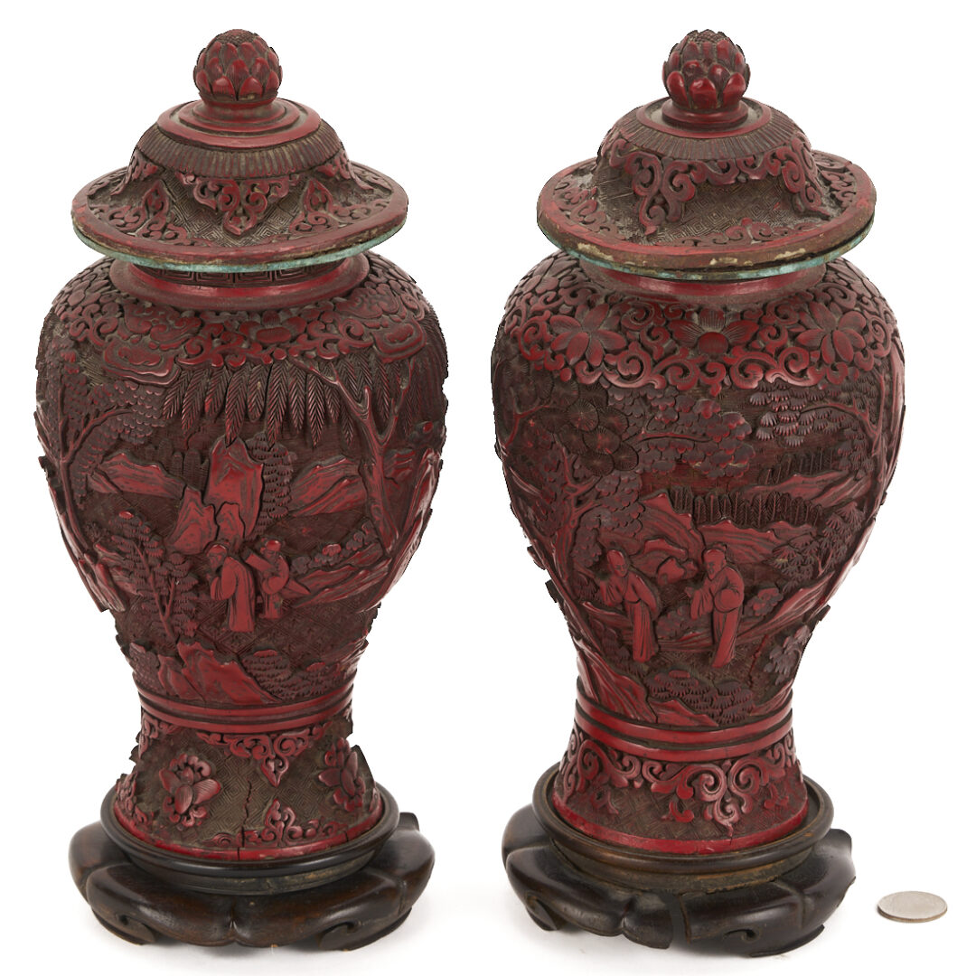 Lot 7: Near Pair Antique Chinese Cinnabar Urns  and Cloisonne Fish Plaque