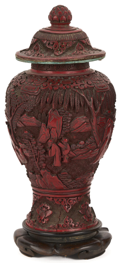 Lot 7: Near Pair Antique Chinese Cinnabar Urns  and Cloisonne Fish Plaque