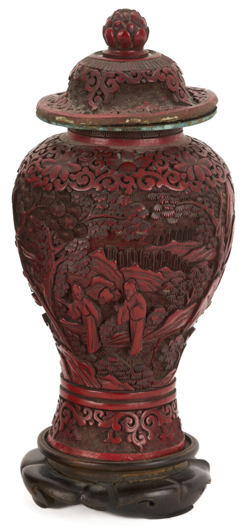 Lot 7: Near Pair Antique Chinese Cinnabar Urns  and Cloisonne Fish Plaque