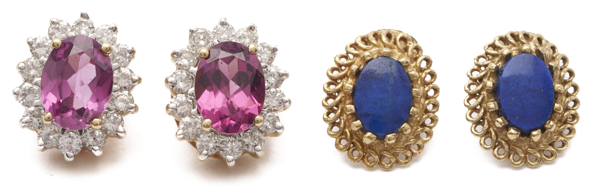 Lot 802: 2 Pairs of 14K & Gemstone Earrings, Pink Tourmaline and Lapis