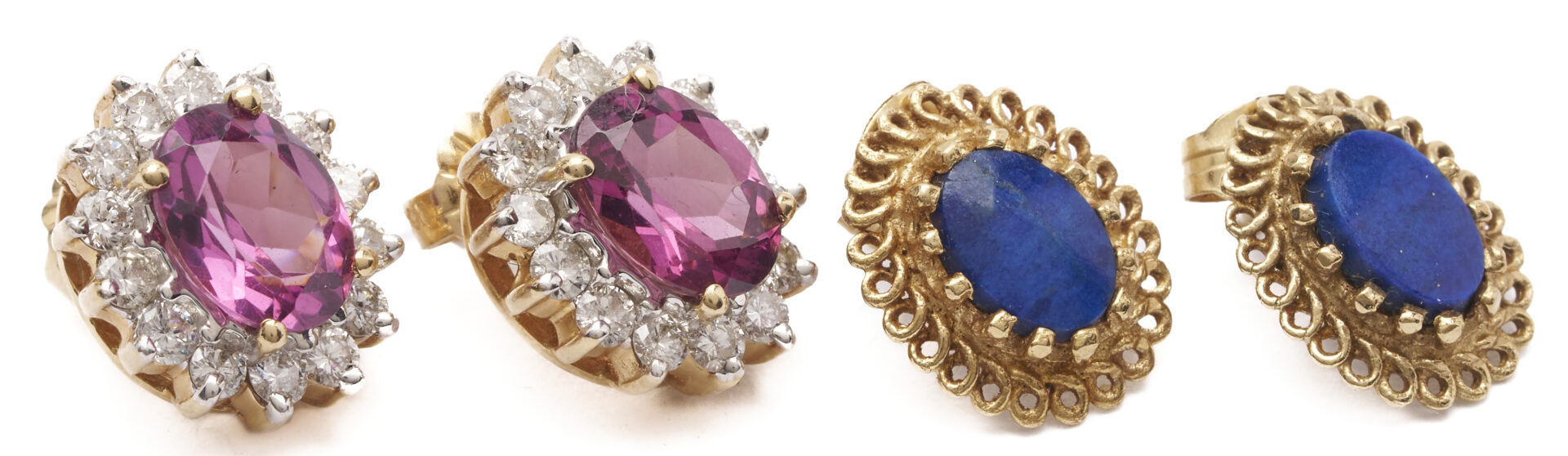 Lot 802: 2 Pairs of 14K & Gemstone Earrings, Pink Tourmaline and Lapis