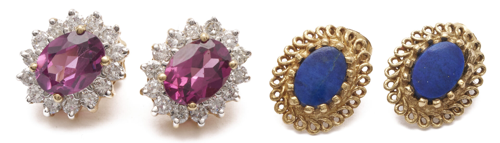 Lot 802: 2 Pairs of 14K & Gemstone Earrings, Pink Tourmaline and Lapis