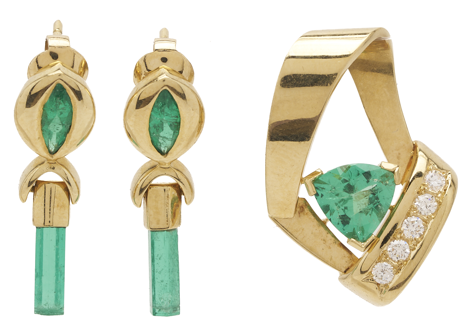 Lot 807: 14K Gold & Emerald Earrings and Pendant