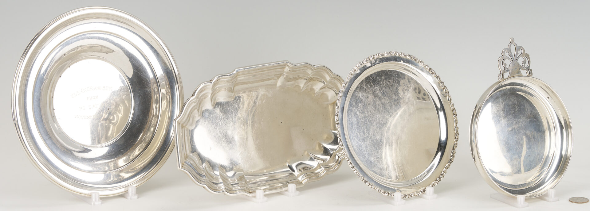 Lot 828: 4 Sterling Silver Items: 2 Plates, 1 Porringer, & 1 Bread Tray
