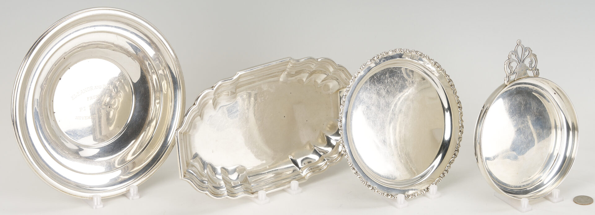 Lot 828: 4 Sterling Silver Items: 2 Plates, 1 Porringer, & 1 Bread Tray