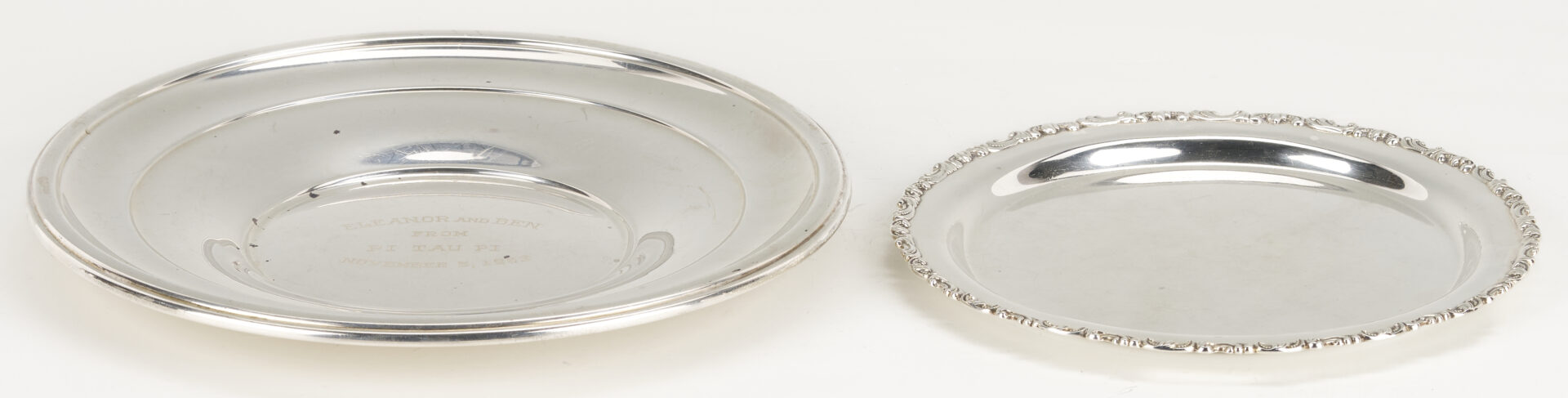 Lot 828: 4 Sterling Silver Items: 2 Plates, 1 Porringer, & 1 Bread Tray