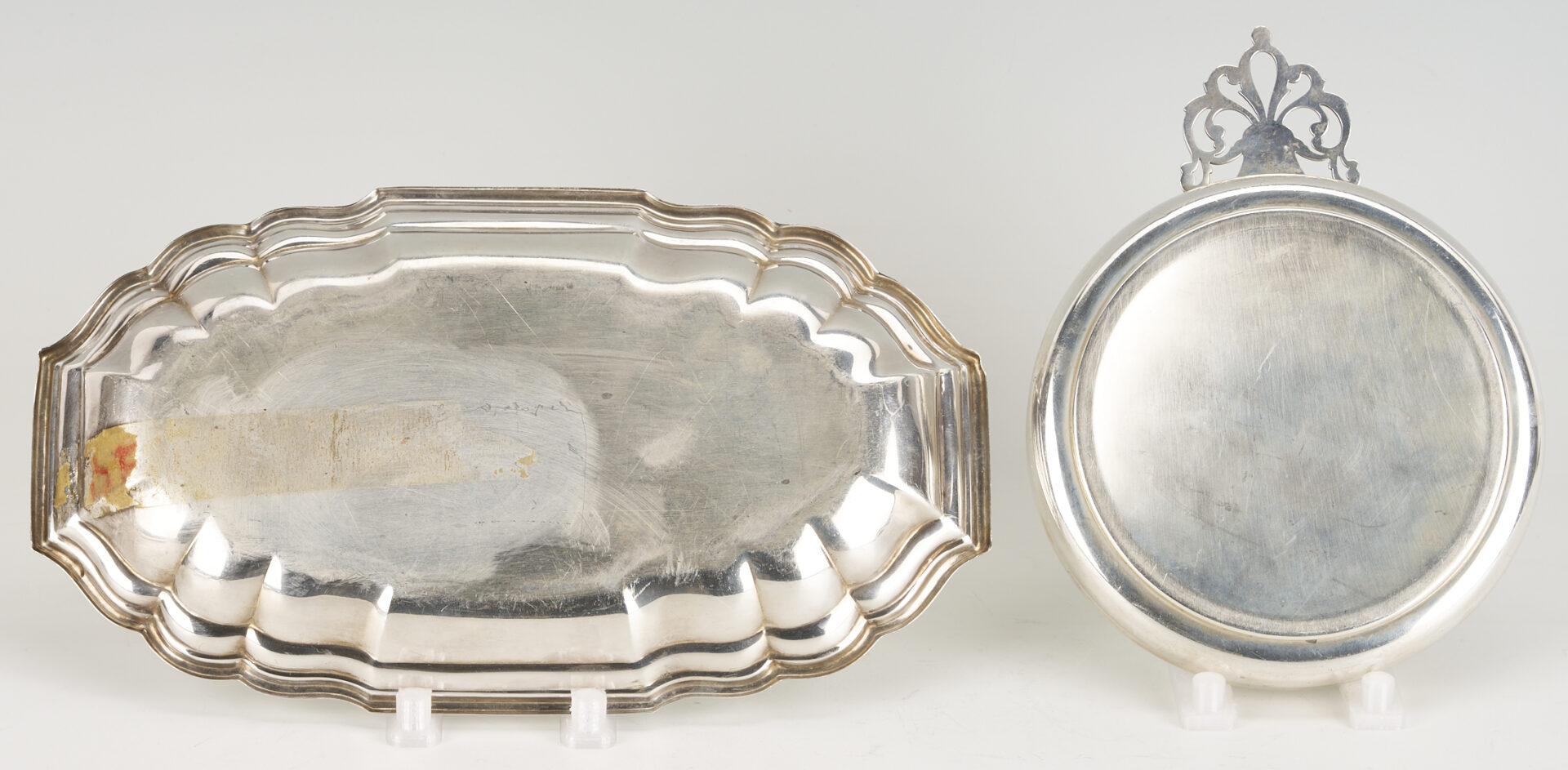 Lot 828: 4 Sterling Silver Items: 2 Plates, 1 Porringer, & 1 Bread Tray