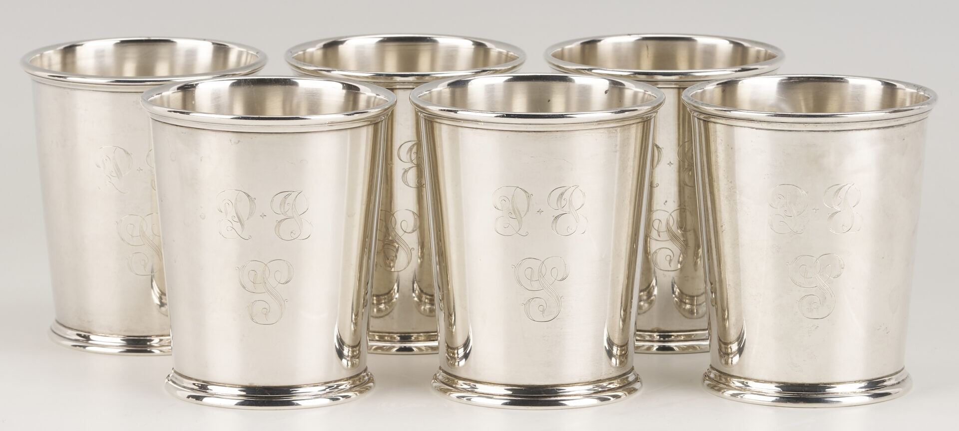 Lot 831: 6 Kirk Sterling Silver Mint Julep Cups, Monogrammed