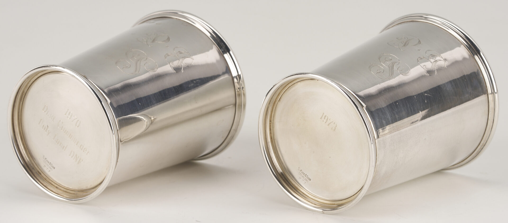 Lot 831: 6 Kirk Sterling Silver Mint Julep Cups, Monogrammed