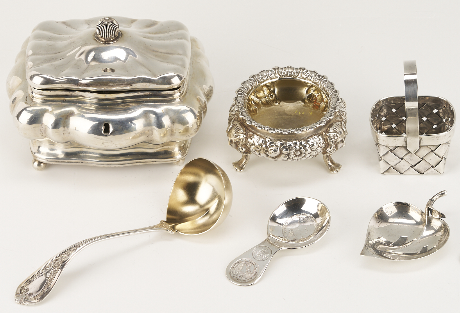 Lot 832: 6 Collectible Small Silver Items incl. Tiffany, Shreve, Tea Caddy