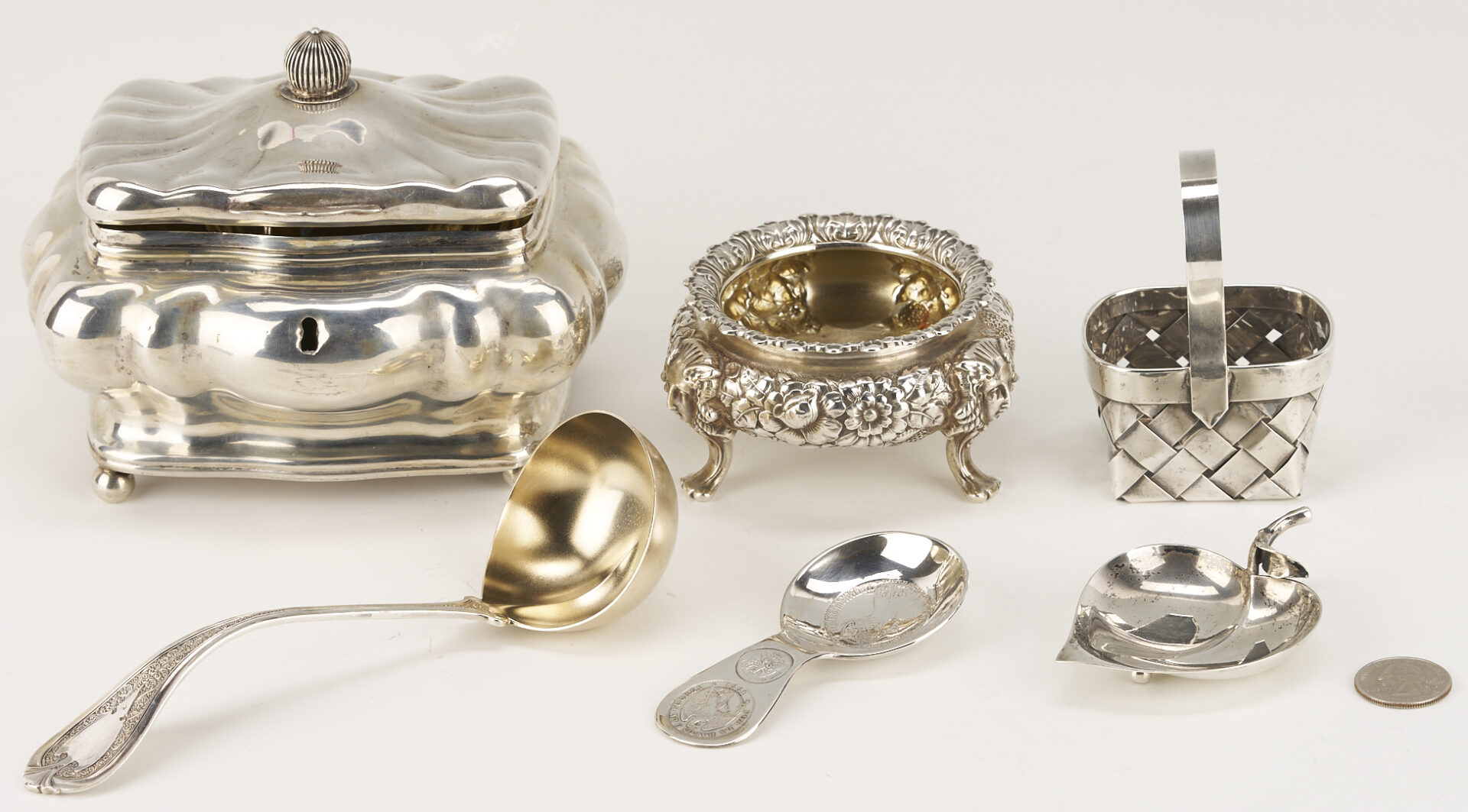 Lot 832: 6 Collectible Small Silver Items incl. Tiffany, Shreve, Tea Caddy