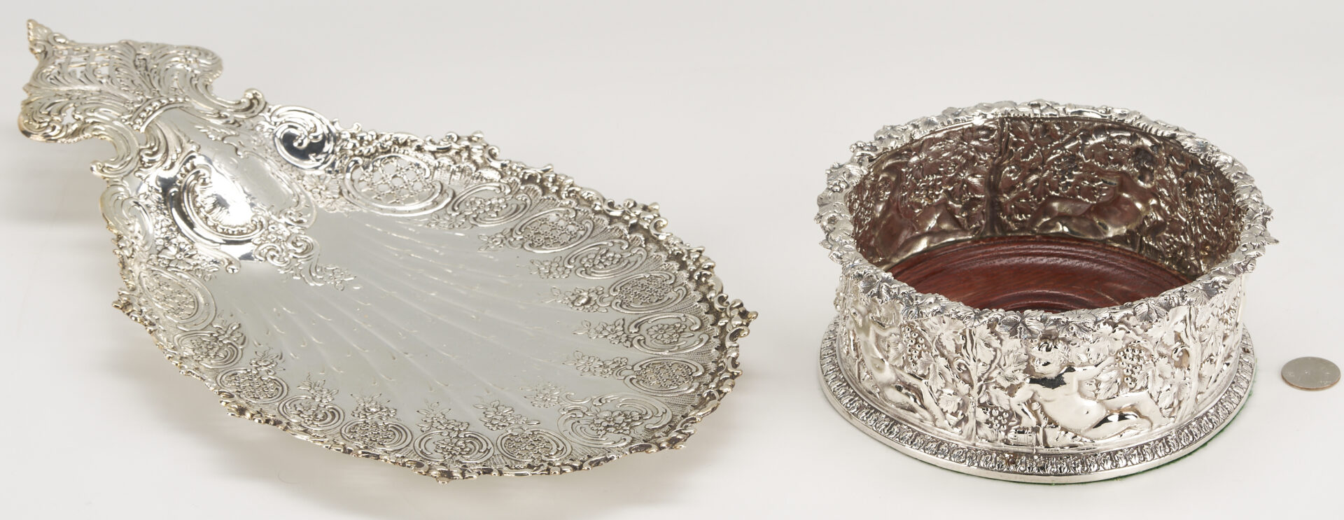 Lot 837: Sterling Silver Repousse Wine Coaster & Rococo Dish