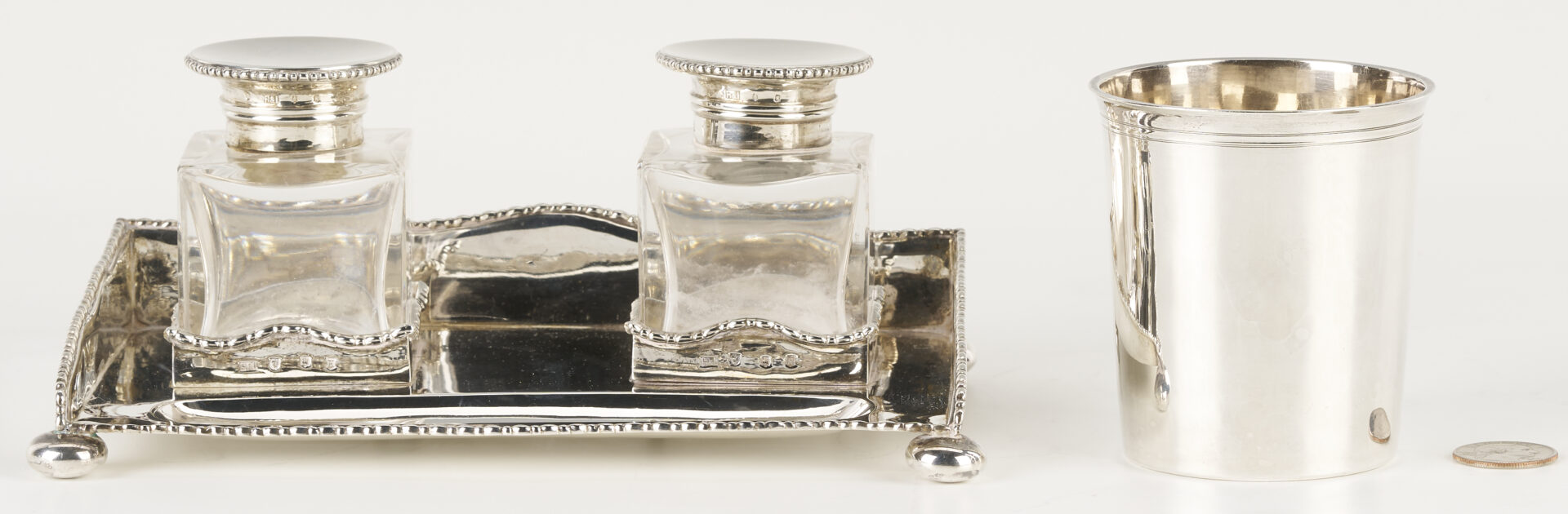 Lot 842: Scottish Sterling Inkstand & French Sterling Beaker