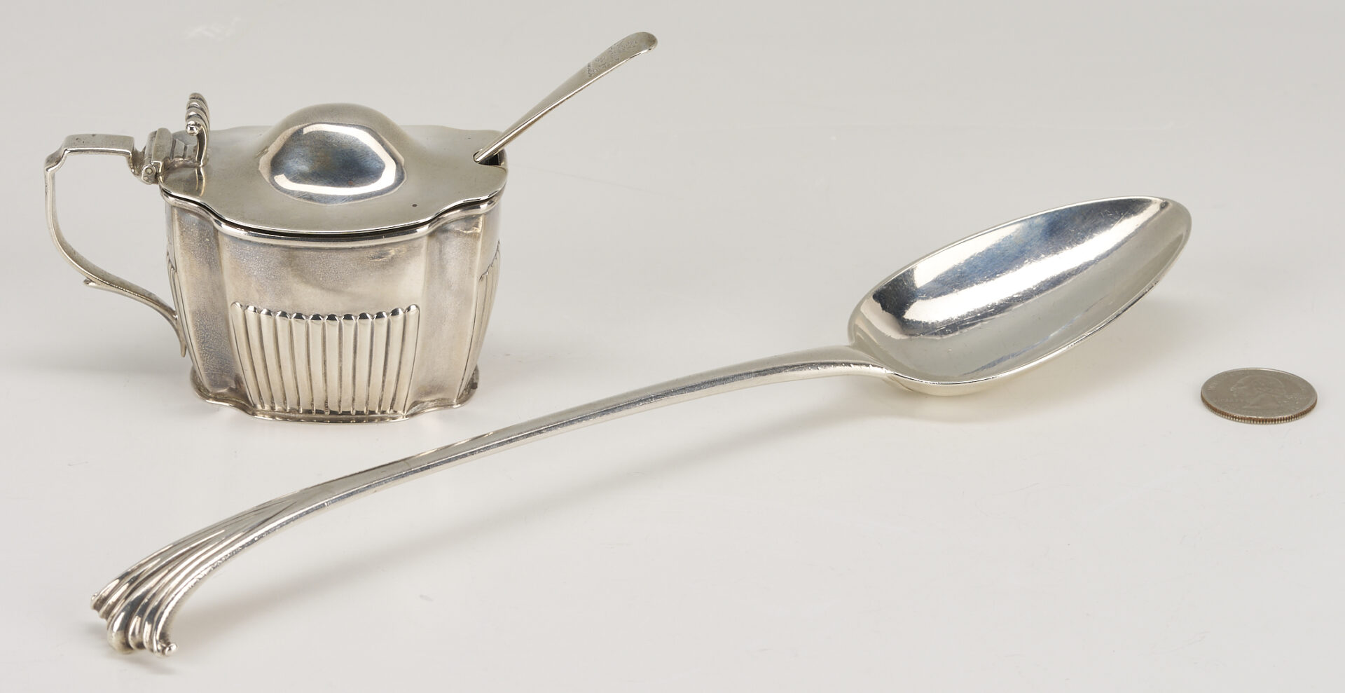 Lot 843: 1771 English Sterling Basting Spoon plus Mustard Pot w/ Sterling Silver Spoon