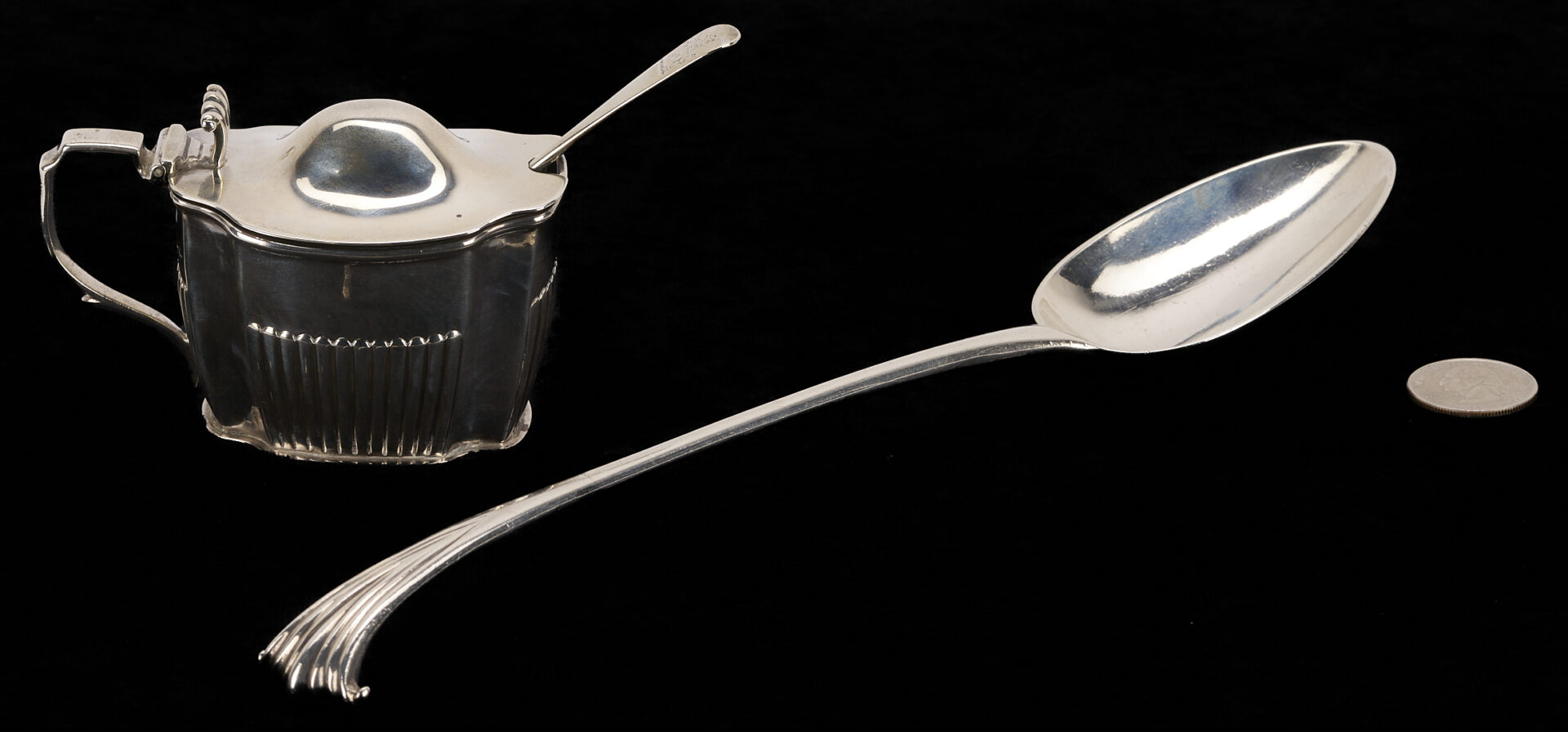 Lot 843: 1771 English Sterling Basting Spoon plus Mustard Pot w/ Sterling Silver Spoon
