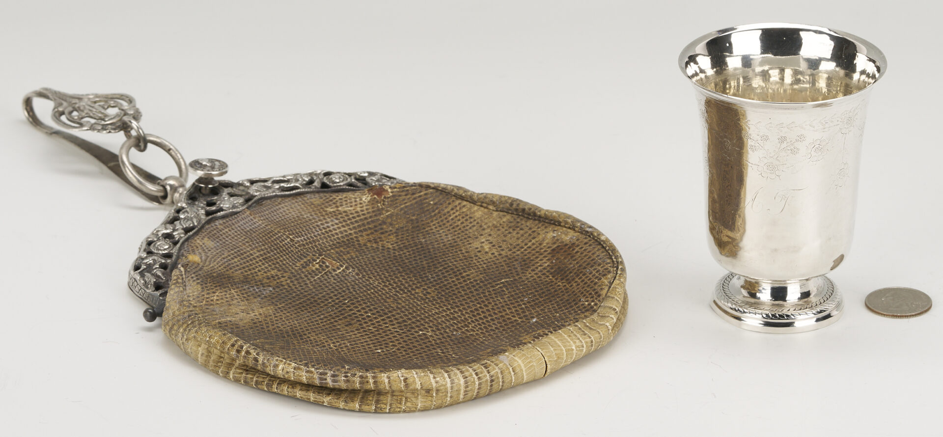 Lot 845: 19th C. French Silver Cup Plus Dutch Chatelaine, Purse