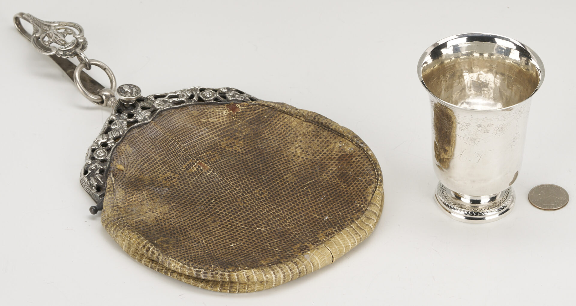 Lot 845: 19th C. French Silver Cup Plus Dutch Chatelaine, Purse