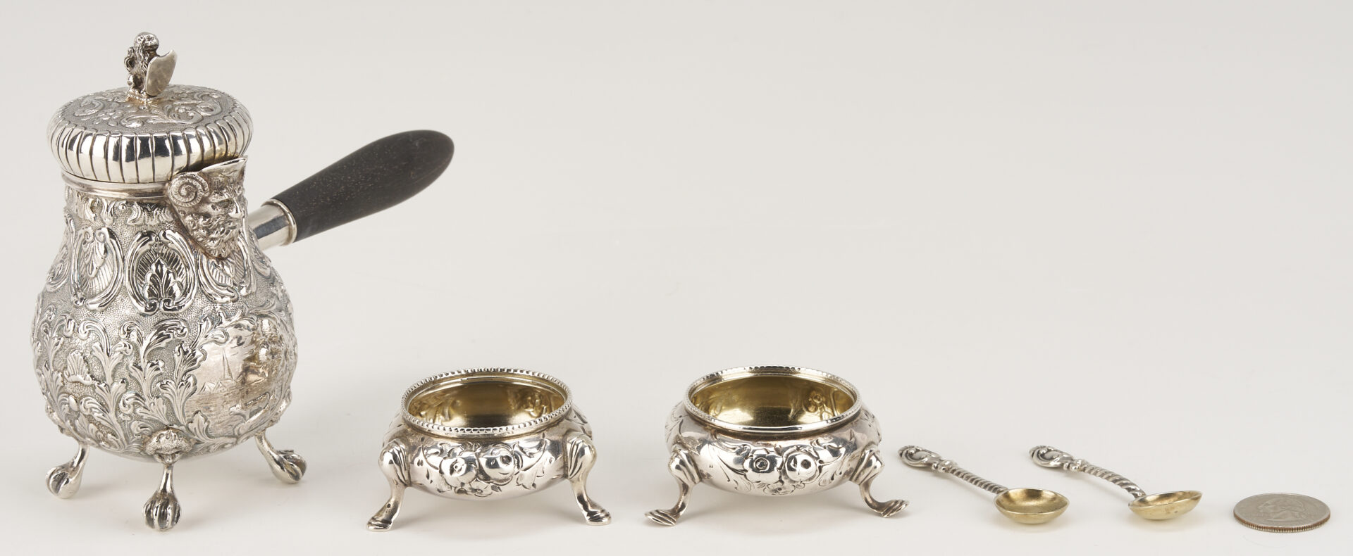 Lot 846: Petite Dutch Chocolate Pot plus 2 Sterling Salts and Spoons