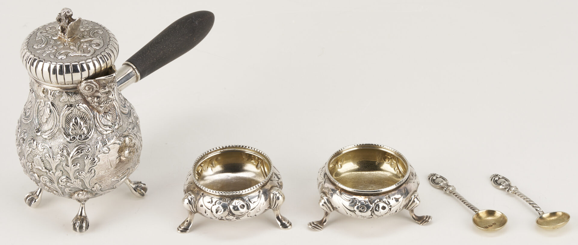 Lot 846: Petite Dutch Chocolate Pot plus 2 Sterling Salts and Spoons