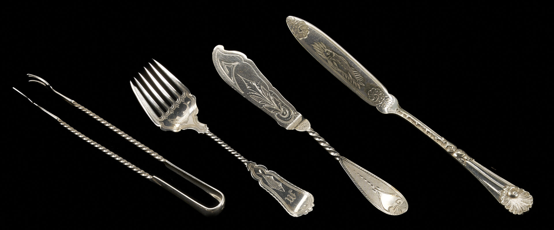 Lot 847: 13 Pcs. 19th C. Silver Flatware, Most w/ Twist Handle