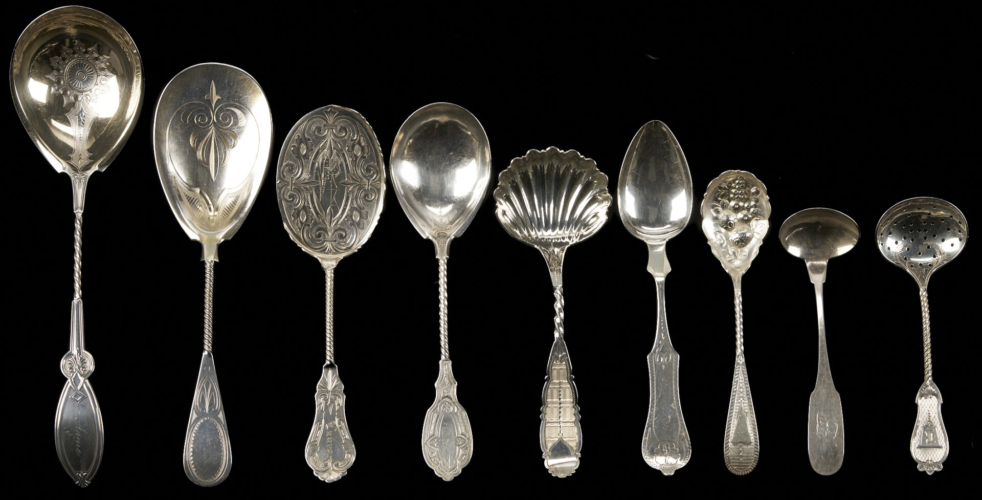 Lot 847: 13 Pcs. 19th C. Silver Flatware, Most w/ Twist Handle