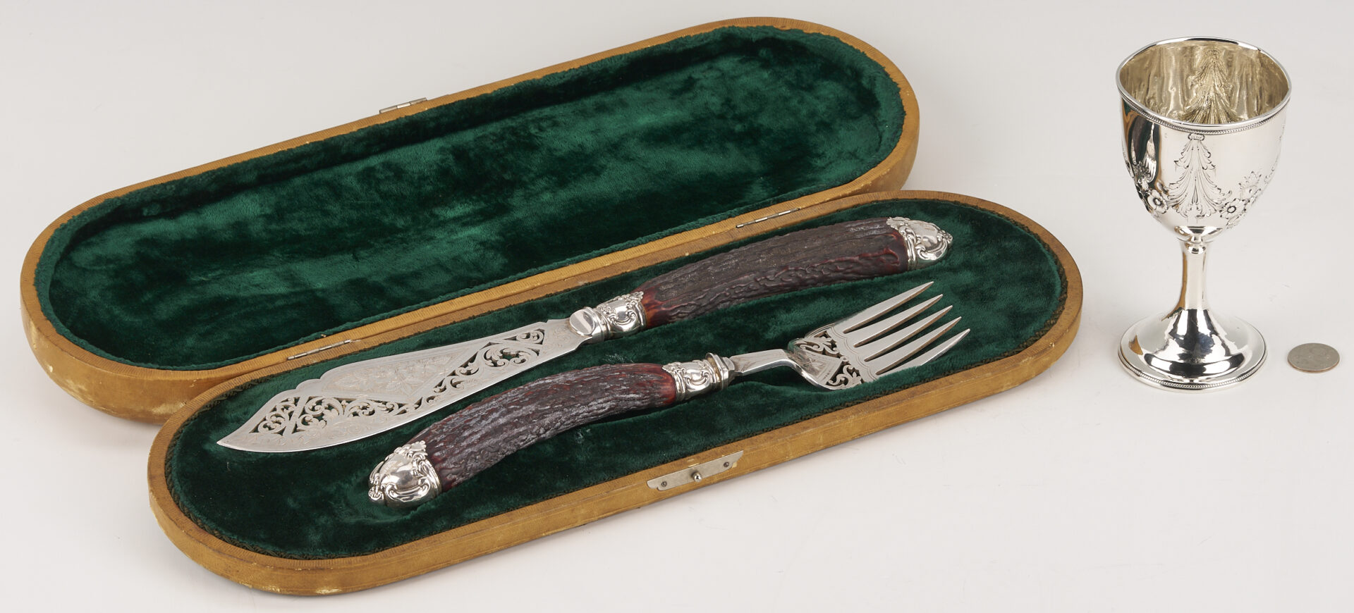 Lot 851: Coin Silver Goblet & Horn/Sterling Fish Set, Alabama interest