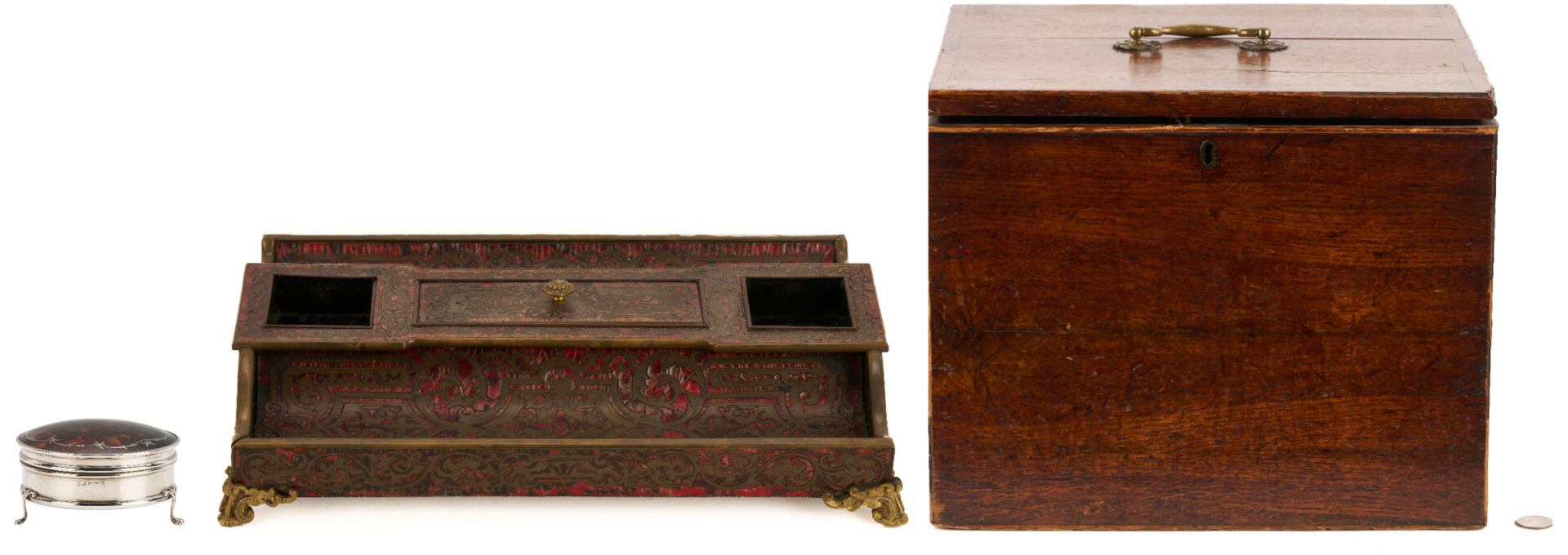 Lot 853: Boulle Marquetry Double Inkstand, Bottle Case, and Small Faux Tortoise and Silver Box