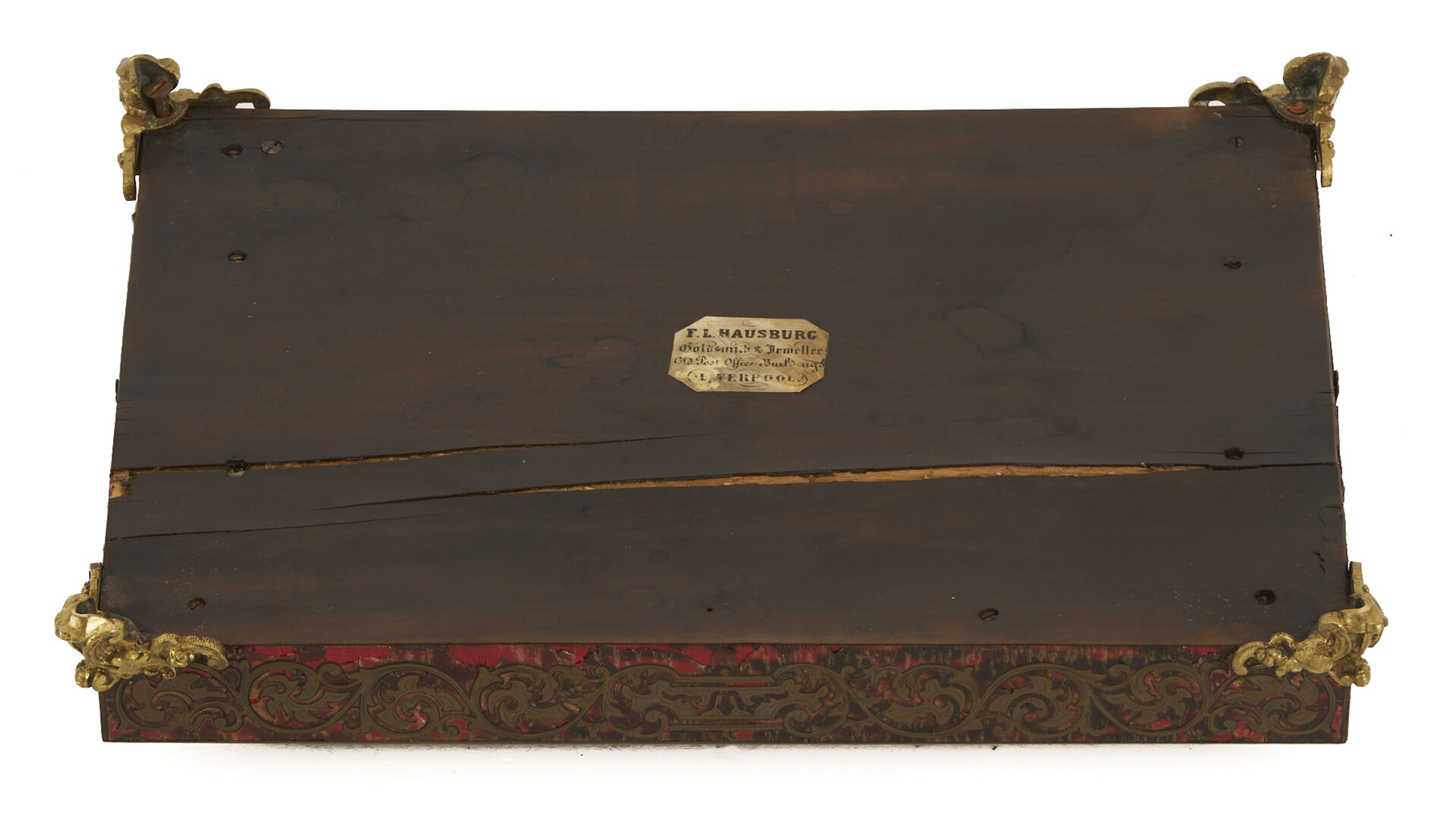 Lot 853: Boulle Marquetry Double Inkstand, Bottle Case, and Small Faux Tortoise and Silver Box