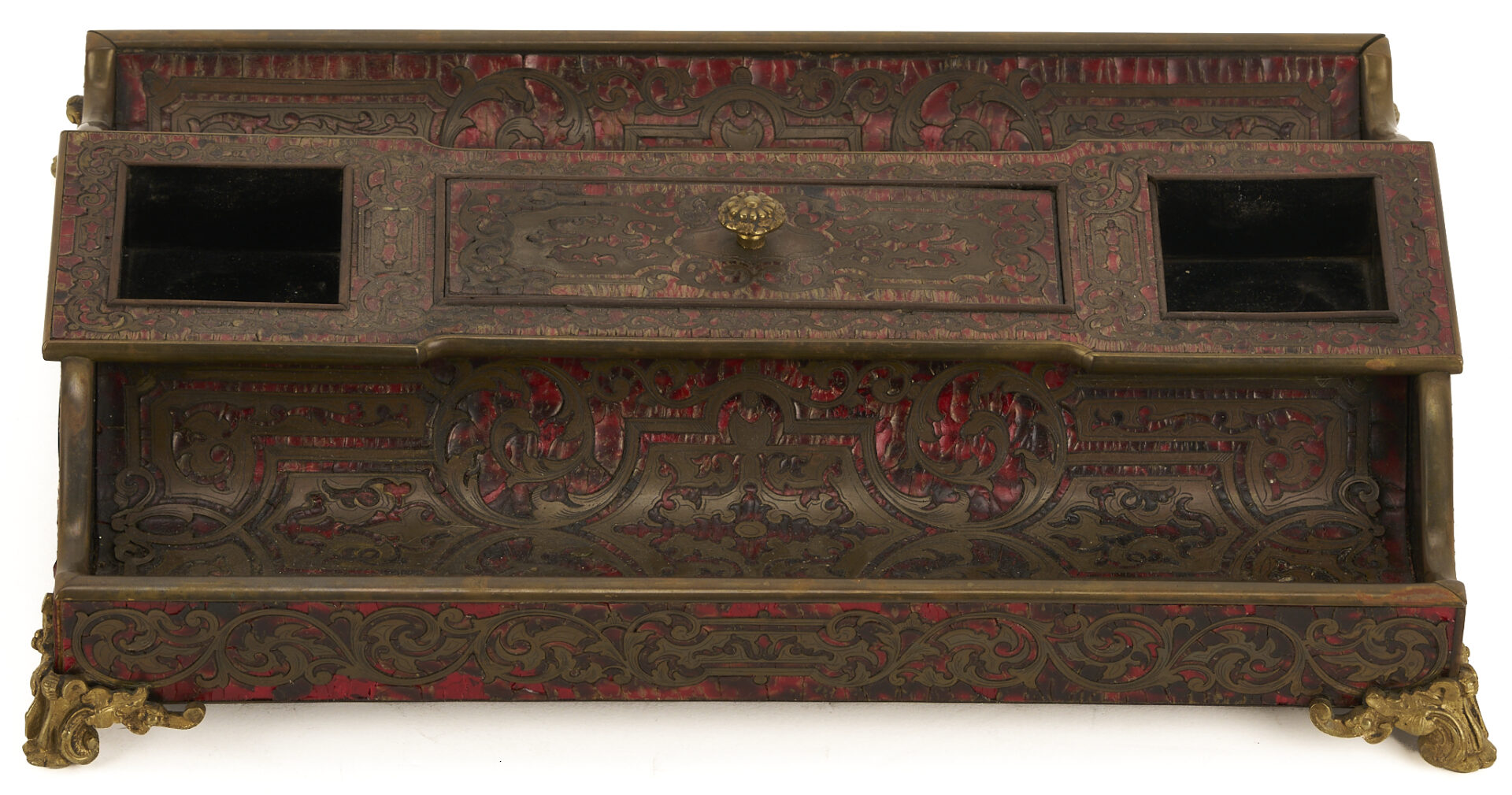 Lot 853: Boulle Marquetry Double Inkstand, Bottle Case, and Small Faux Tortoise and Silver Box