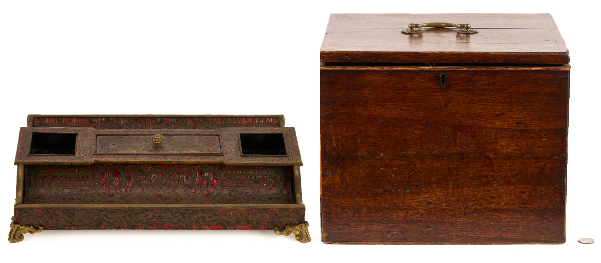 Lot 853: Boulle Marquetry Double Inkstand, Bottle Case, and Small Faux Tortoise and Silver Box