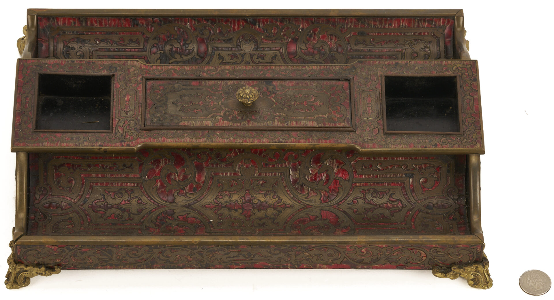 Lot 853: Boulle Marquetry Double Inkstand, Bottle Case, and Small Faux Tortoise and Silver Box