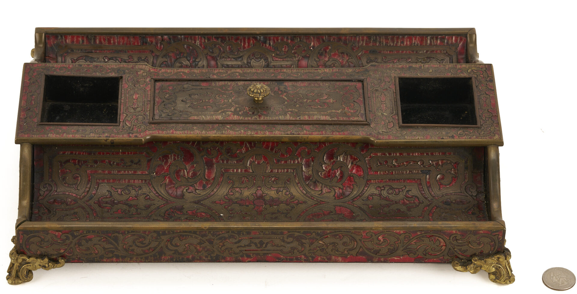 Lot 853: Boulle Marquetry Double Inkstand, Bottle Case, and Small Faux Tortoise and Silver Box