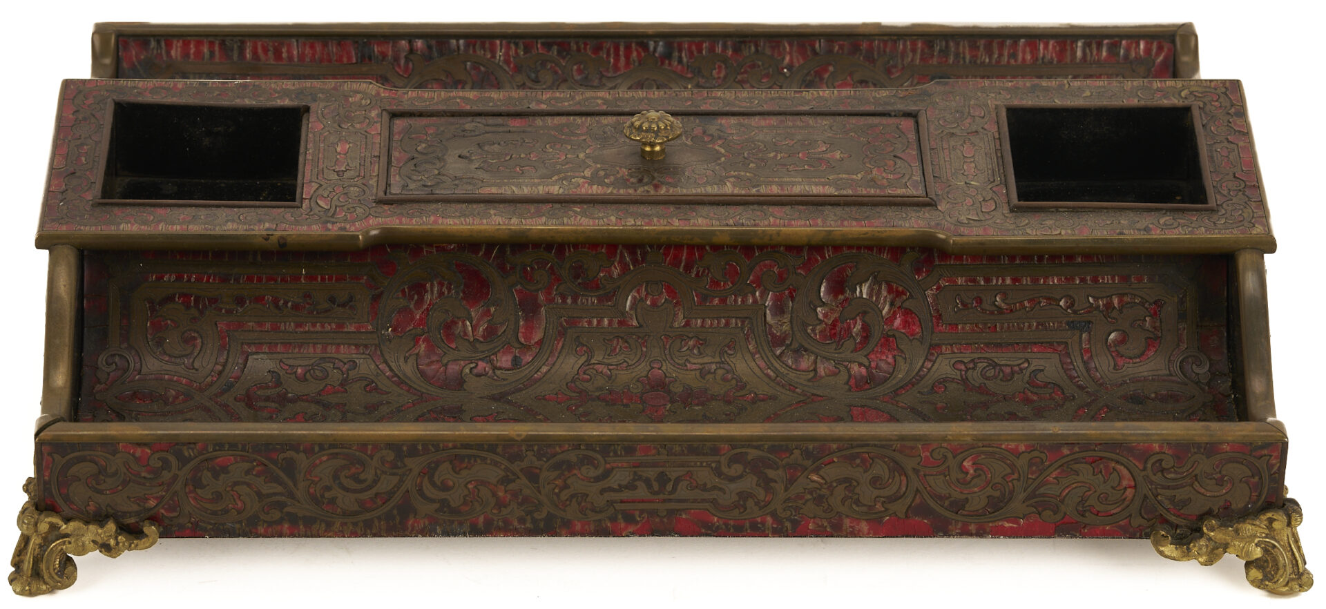 Lot 853: Boulle Marquetry Double Inkstand, Bottle Case, and Small Faux Tortoise and Silver Box