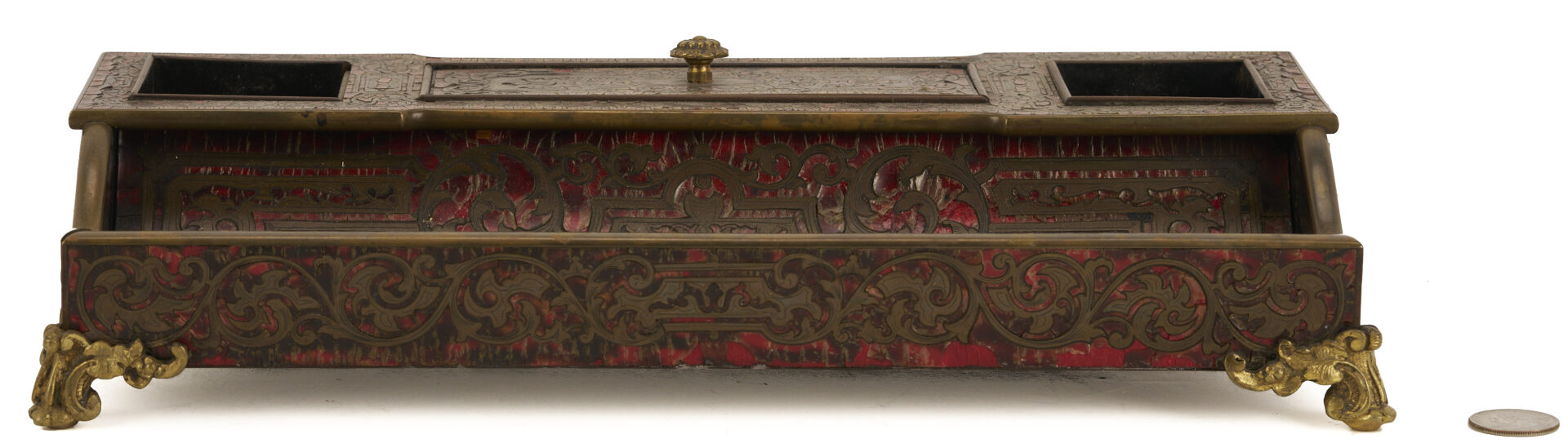 Lot 853: Boulle Marquetry Double Inkstand, Bottle Case, and Small Faux Tortoise and Silver Box