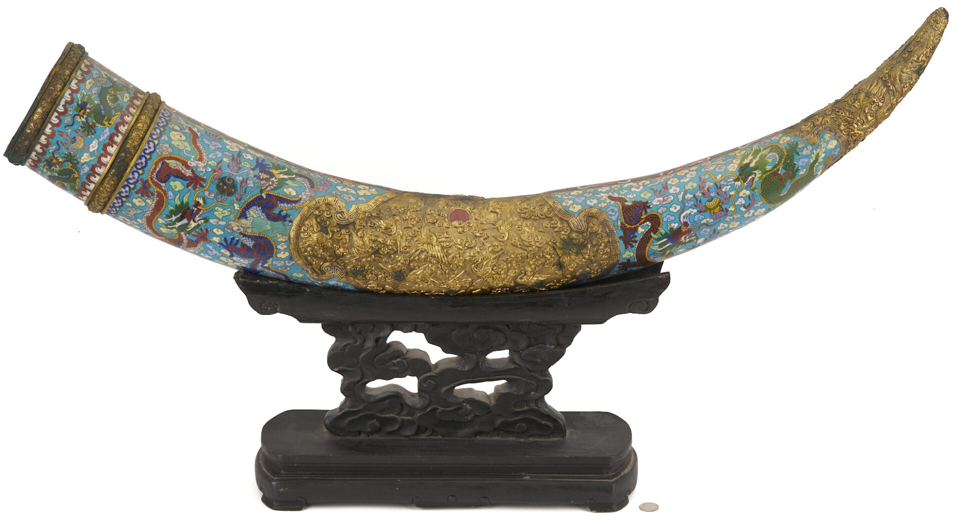 Lot 878: Large Cloisonne “Tusk” with Hardwood Stand