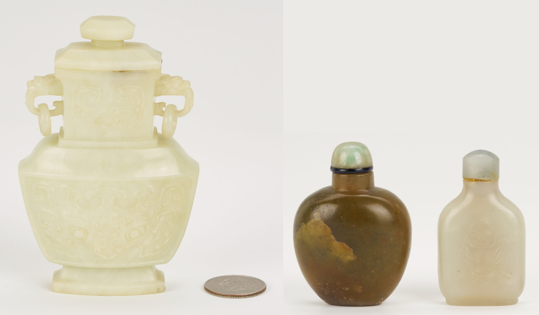 Lot 890: Chinese Miniature Jade Covered Urn & 2 Jade Snuff Bottles