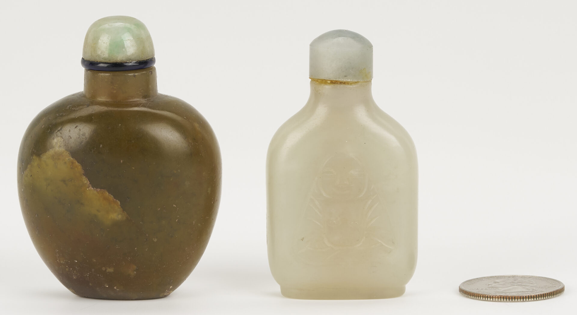 Lot 890: Chinese Miniature Jade Covered Urn & 2 Jade Snuff Bottles