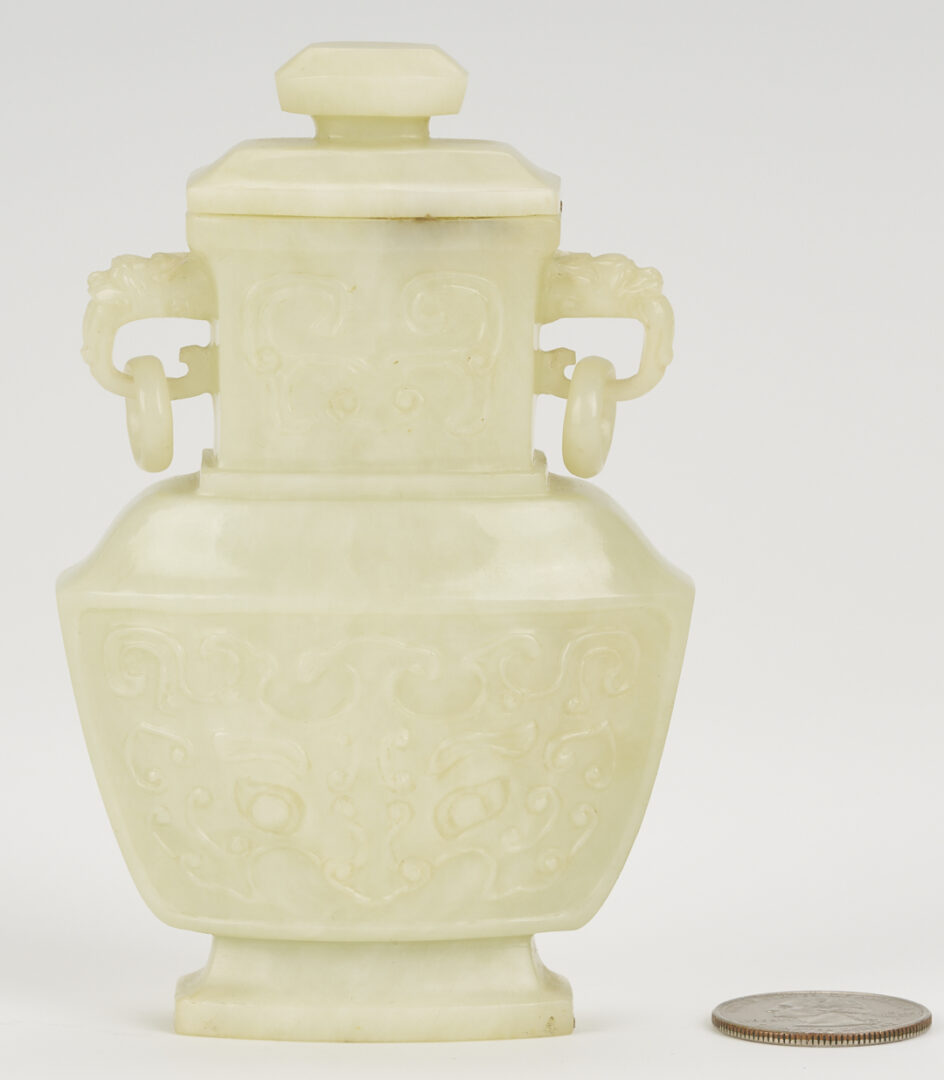 Lot 890: Chinese Miniature Jade Covered Urn & 2 Jade Snuff Bottles