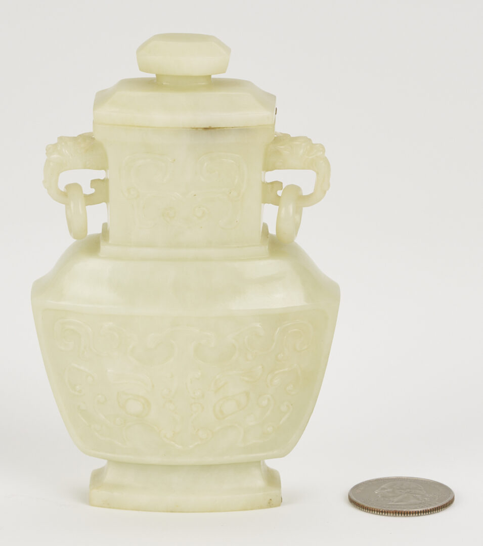 Lot 890: Chinese Miniature Jade Covered Urn & 2 Jade Snuff Bottles