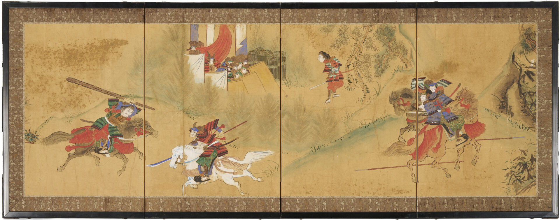 Lot 893: 2 Japanese Screens: 4-Panel Table & 2-Panel Floor, incl. Samurai