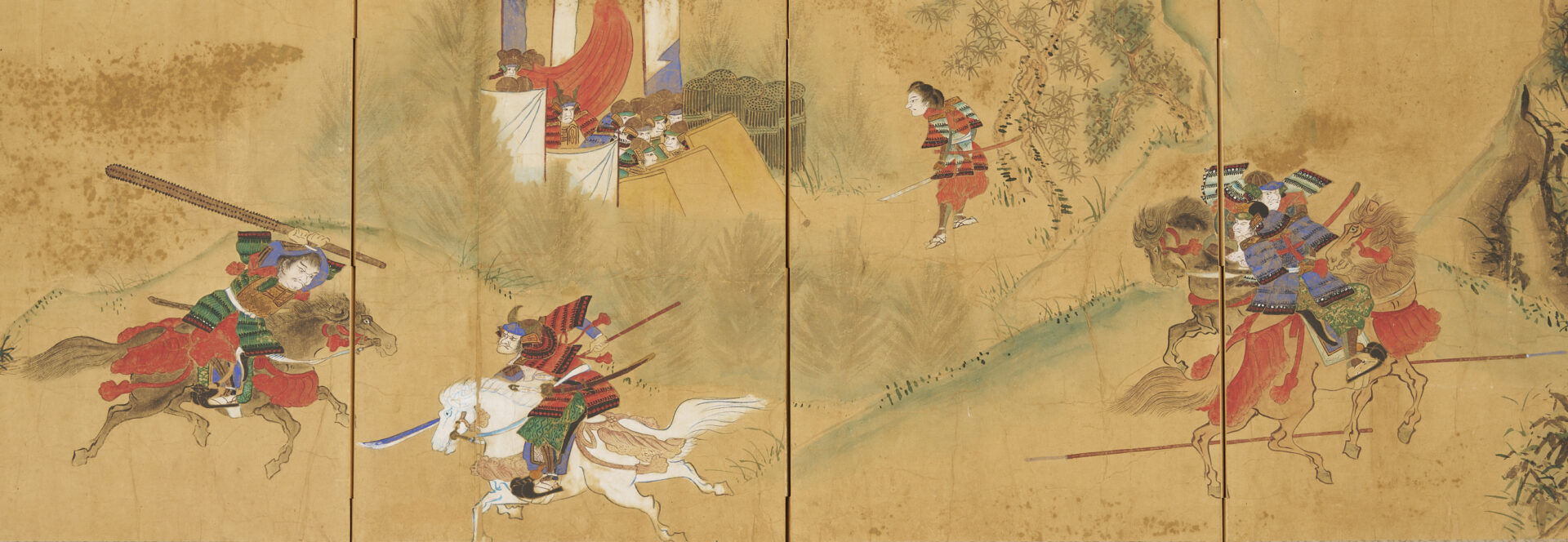 Lot 893: 2 Japanese Screens: 4-Panel Table & 2-Panel Floor, incl. Samurai