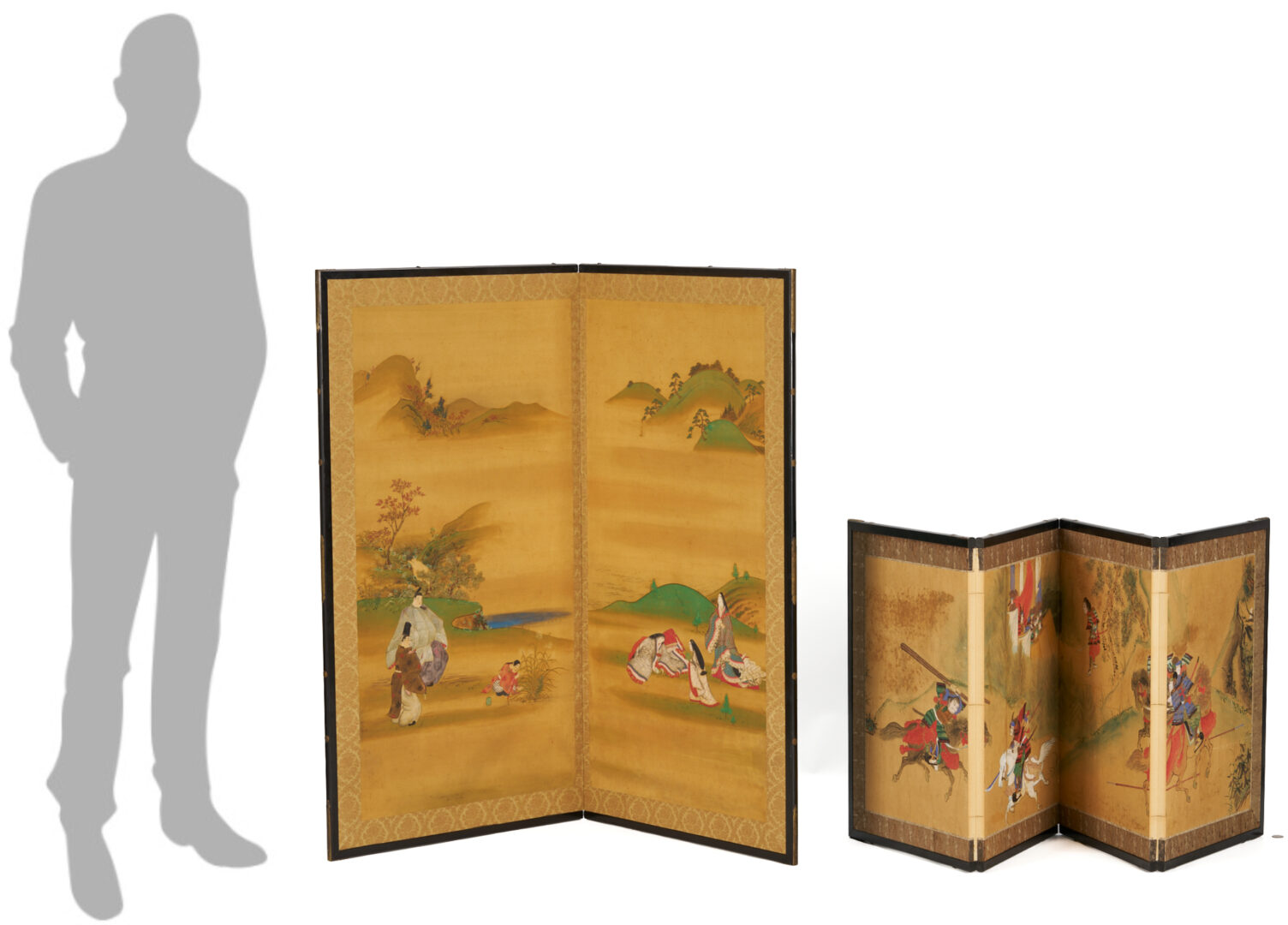 Lot 893: 2 Japanese Screens: 4-Panel Table & 2-Panel Floor, incl. Samurai