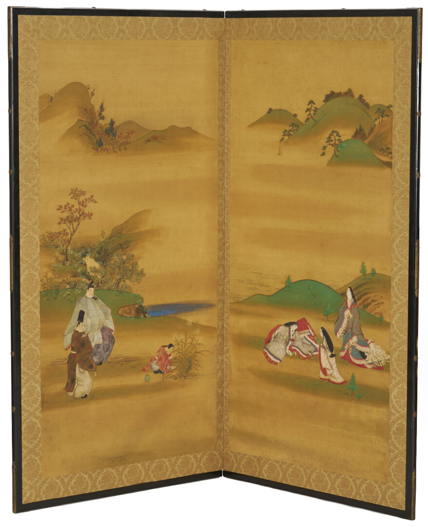 Lot 893: 2 Japanese Screens: 4-Panel Table & 2-Panel Floor, incl. Samurai