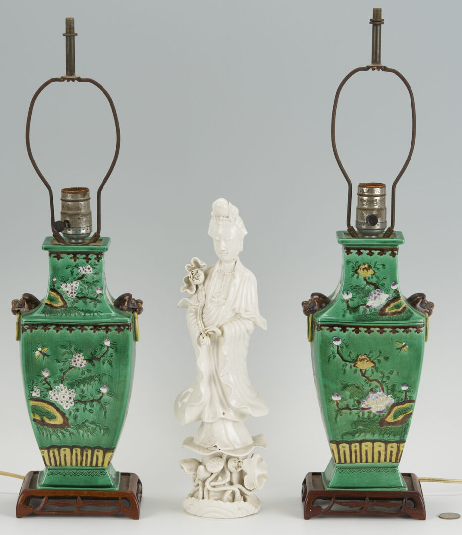 Lot 901: Pr. Chinese Famille Verte Lamps & Blanc de Chine Guanyin