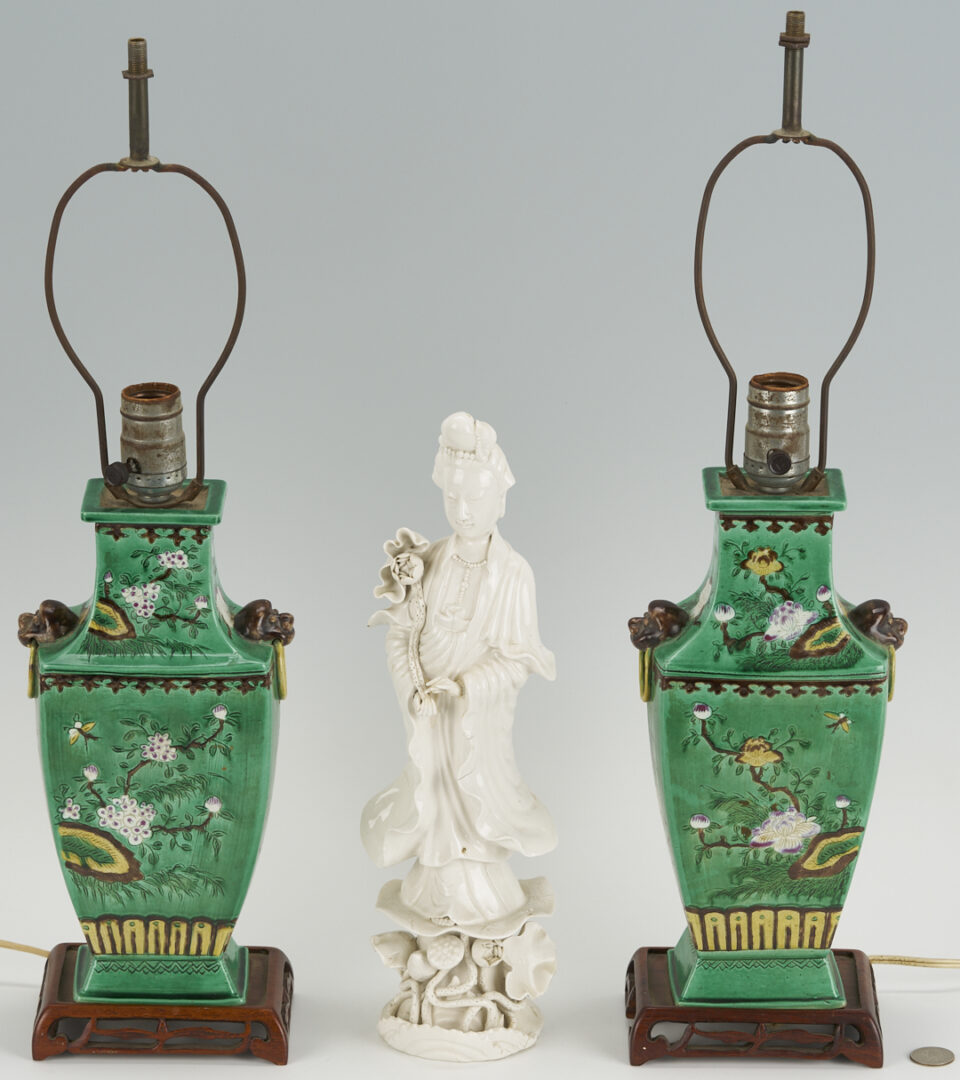 Lot 901: Pr. Chinese Famille Verte Lamps & Blanc de Chine Guanyin